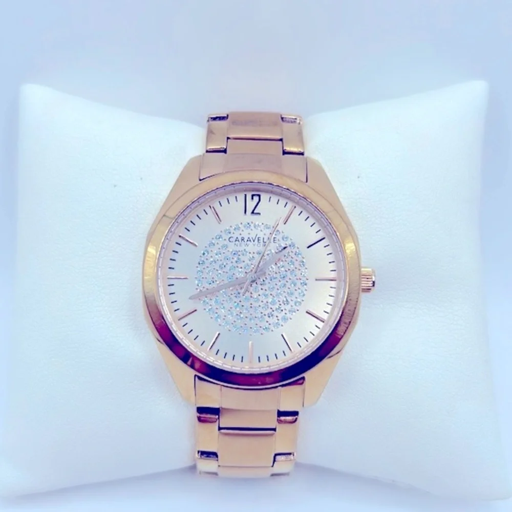 Working! Caravelle New York Rose Gold Rhinestone Face Ladies Watch
